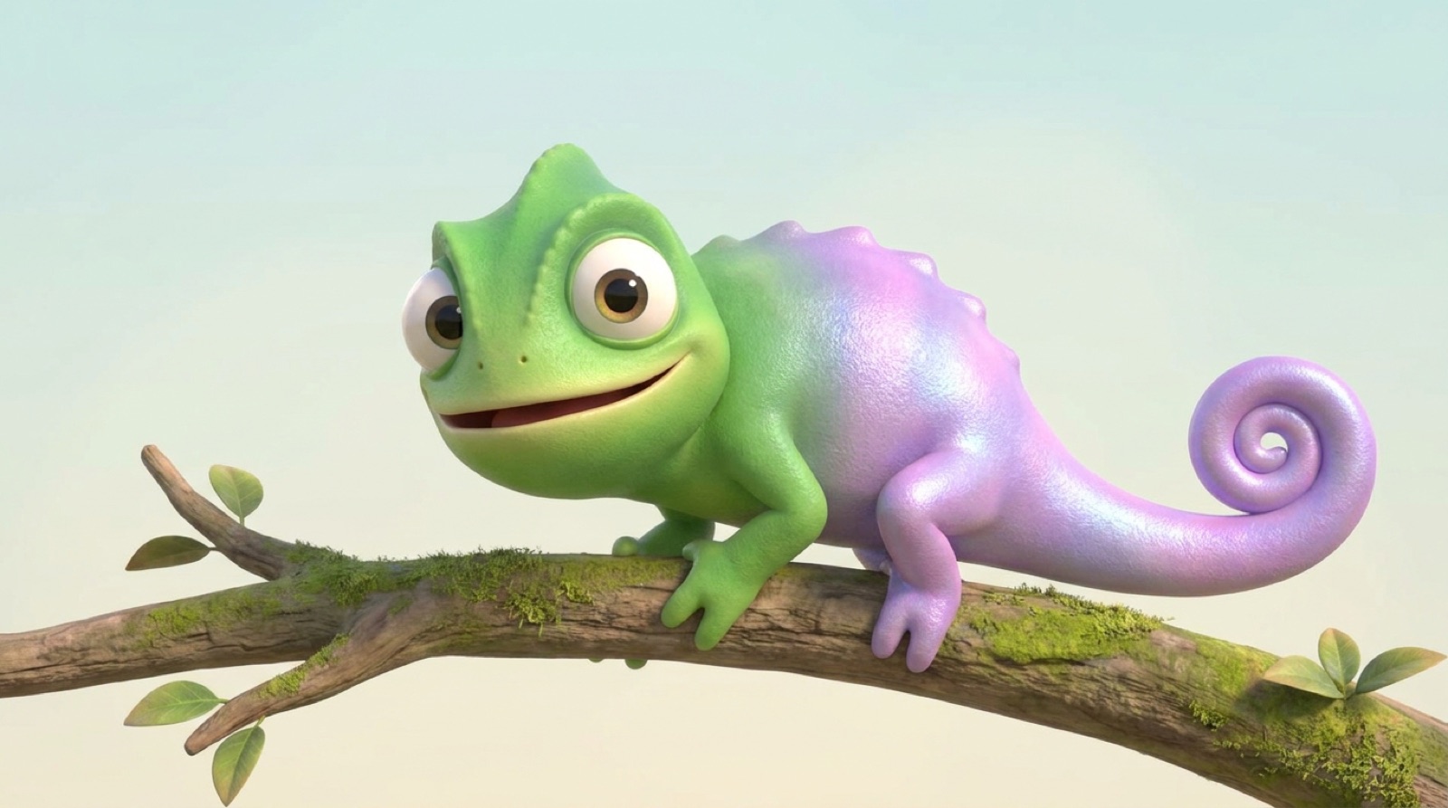 A friendly chameleon mascot mid color-change, half green half purple